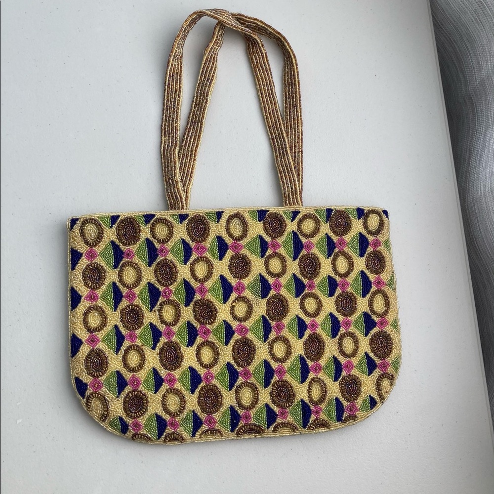 Gorgeous fully beaded handbag with top zipper, two beaded handles